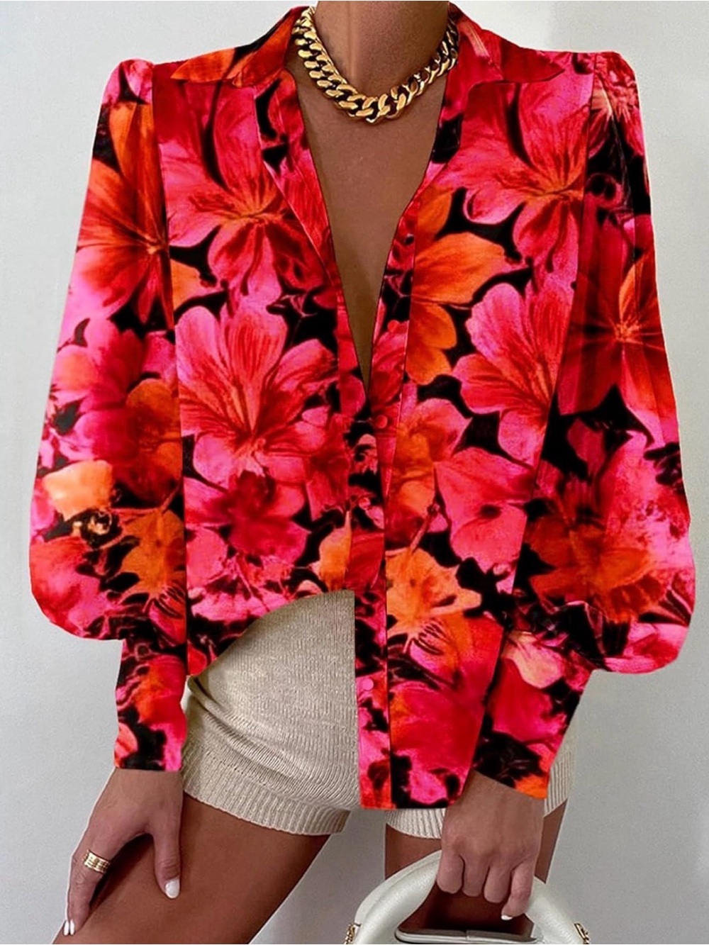 Floral V-Neck Blouse in Pink & Orange